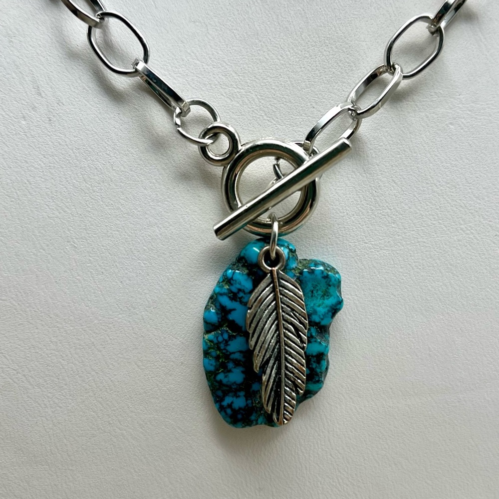 Silver and Turquoise Feather Pendant Necklace